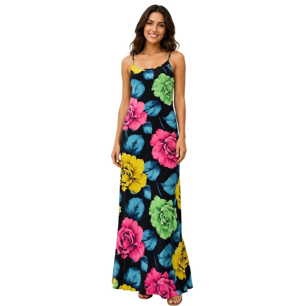 Magia USA Vintage Floral Maxi Dress Black Pink Yellow Green Open Back Gown